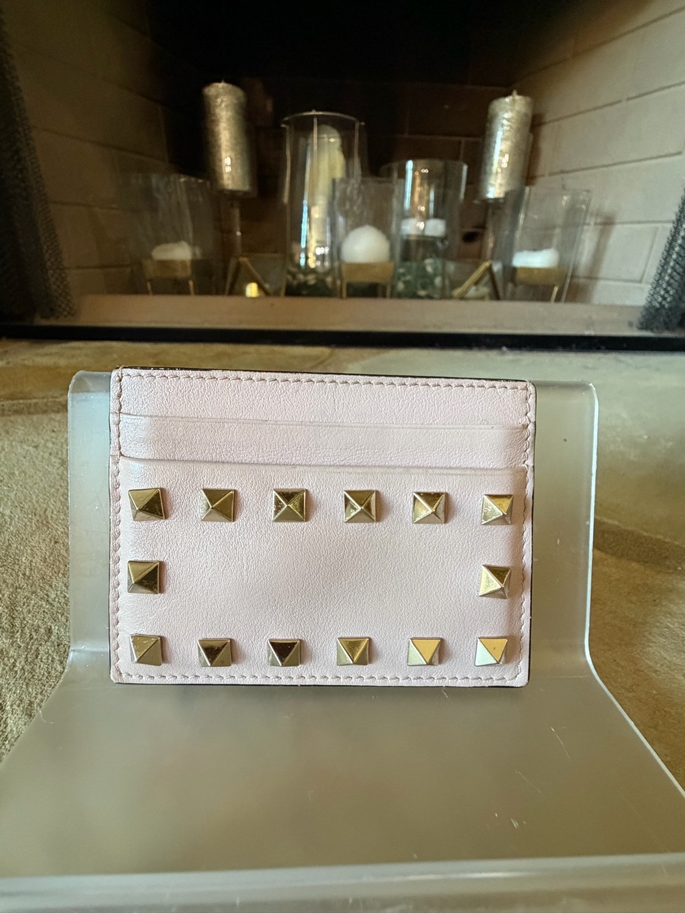 Valentino Pink Card Holder with Gold Pyramid Studs